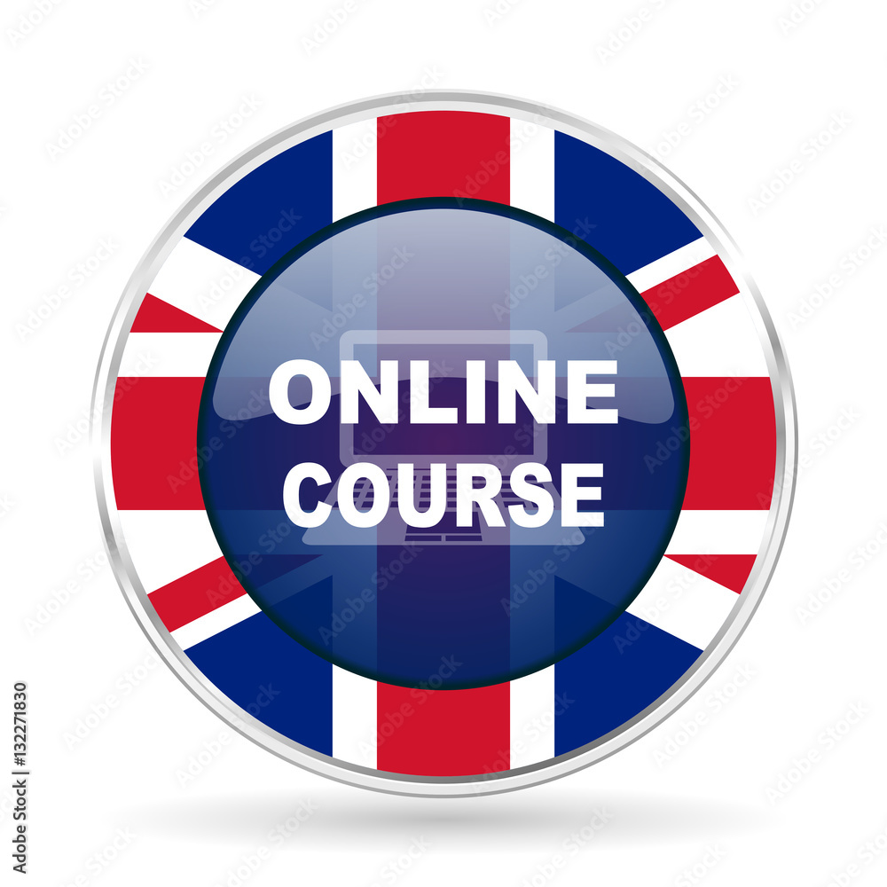 online course british design icon - round silver metallic border button with Great Britain flag online course british design icon - round silver metallic border button with Great Britain flag