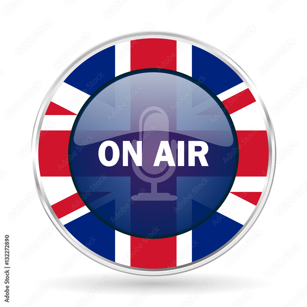 on air british design icon - round silver metallic border button with Great Britain flag on air british design icon - round silver metallic border button with Great Britain flag