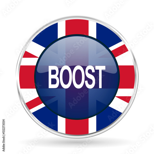 boost british design icon - round silver metallic border button with Great Britain flag