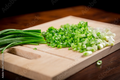 sliced green onion stems, soft focus