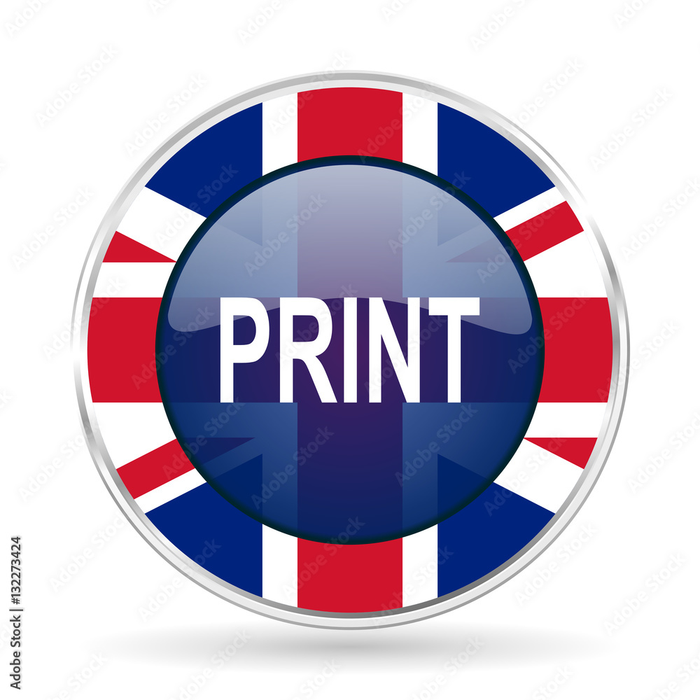 print british design icon - round silver metallic border button with Great Britain flag print british design icon - round silver metallic border button with Great Britain flag