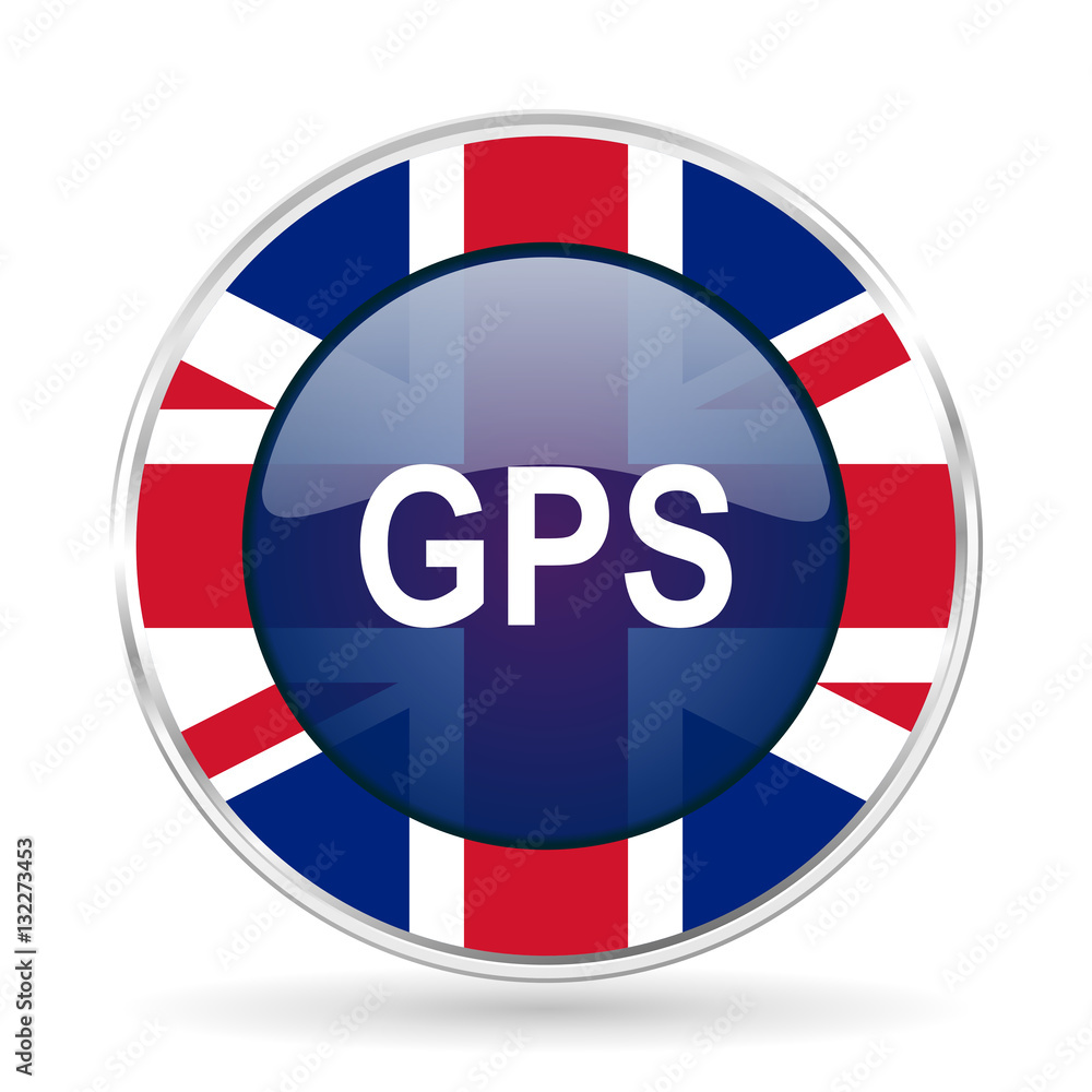 gps british design icon - round silver metallic border button with Great Britain flag gps british design icon - round silver metallic border button with Great Britain flag