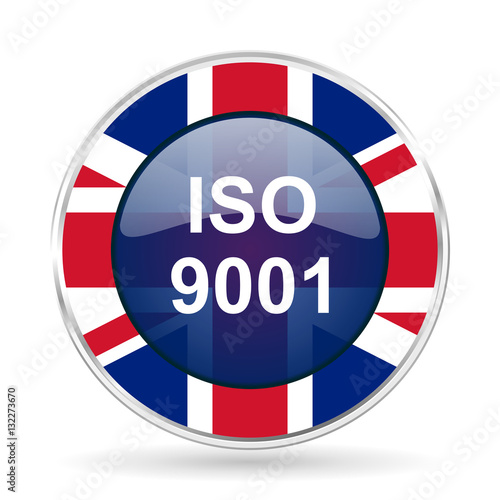 iso 9001 british design icon - round silver metallic border button with Great Britain flag