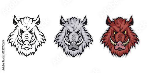 Wild Boar, isolated on white background, colour and black white illustration, suitable as logo or team mascot