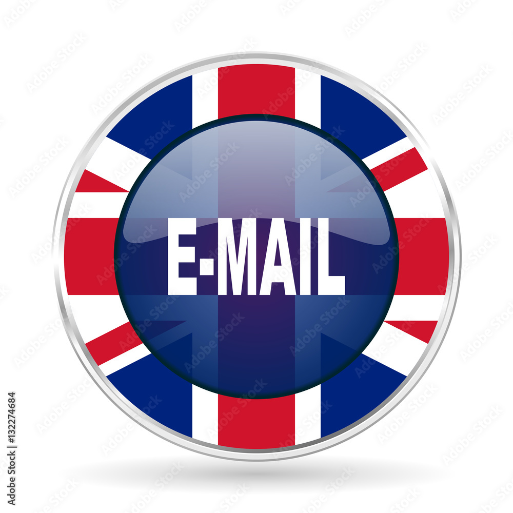 email british design icon - round silver metallic border button with Great Britain flag email british design icon - round silver metallic border button with Great Britain flag