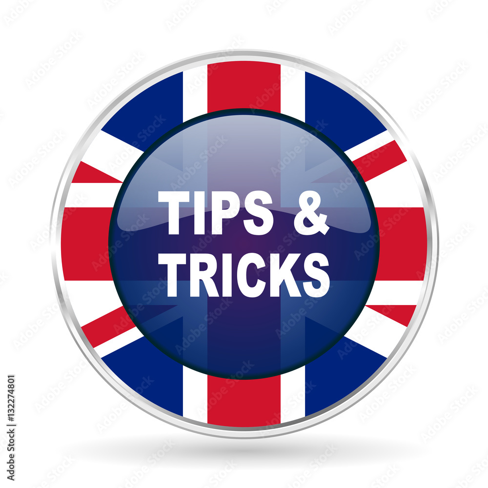 tips tricks british design icon - round silver metallic border button with Great Britain flag tips tricks british design icon - round silver metallic border button with Great Britain flag