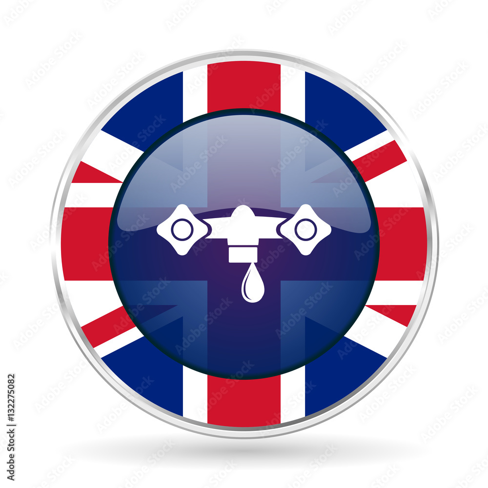 water british design icon - round silver metallic border button with Great Britain flag water british design icon - round silver metallic border button with Great Britain flag