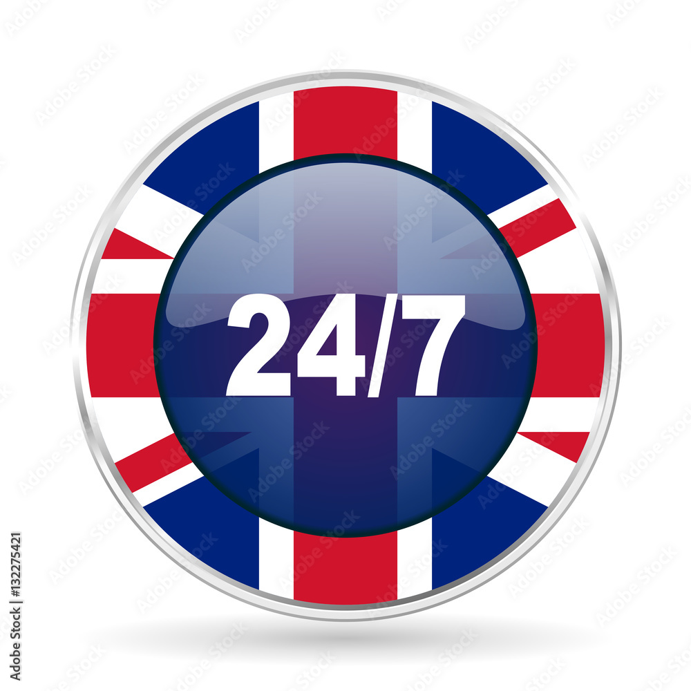 24/7 british design icon - round silver metallic border button with Great Britain flag 24/7 british design icon - round silver metallic border button with Great Britain flag