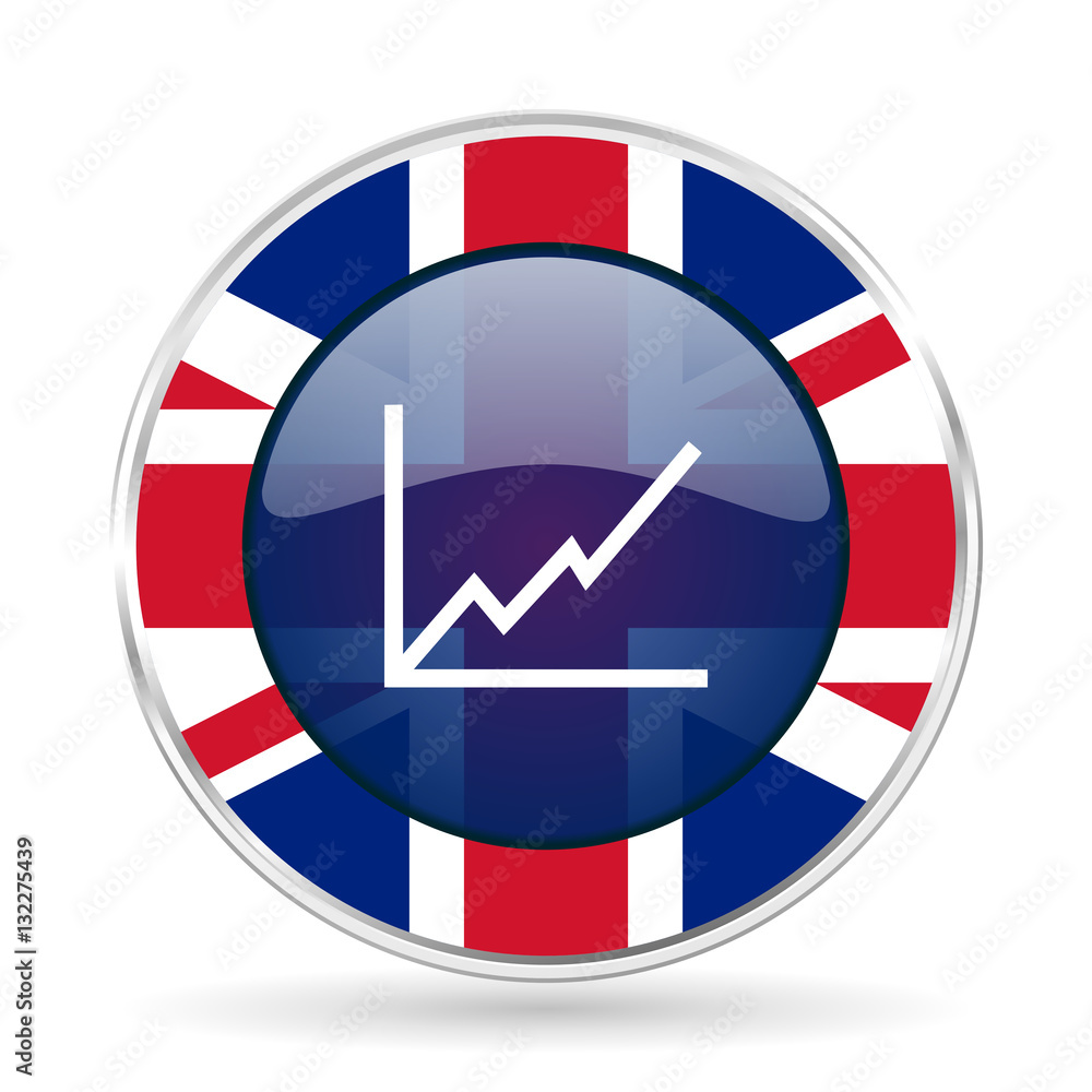 chart british design icon - round silver metallic border button with Great Britain flag chart british design icon - round silver metallic border button with Great Britain flag