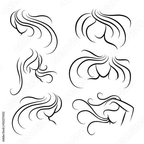 Woman head silhouettes with long hair isolated on white. Vector illustration