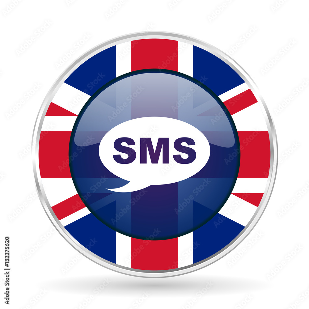 sms british design icon - round silver metallic border button with Great Britain flag sms british design icon - round silver metallic border button with Great Britain flag