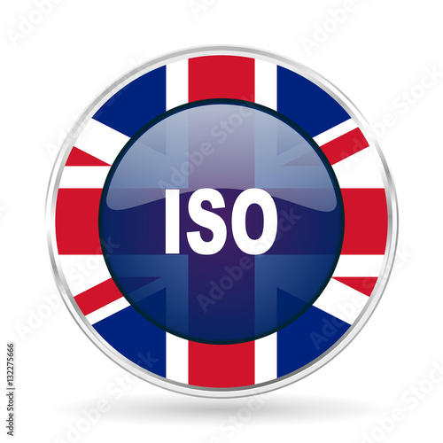 iso british design icon - round silver metallic border button with Great Britain flag