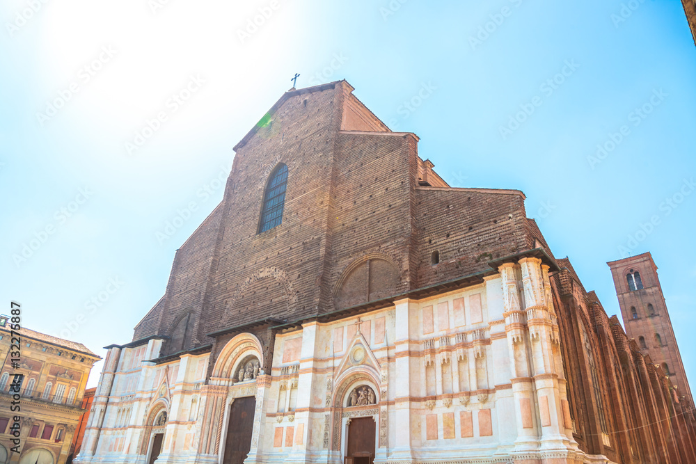 Perspective view of Balisica of San Petronio on the Piazza Maggiore or main square, Bologna, Italy. It is the largest church built in bricks in the world. Perspective view of Balisica of San Petronio on the Piazza Maggiore or main square, Bologna, Italy. It is the largest church built in bricks in the world.