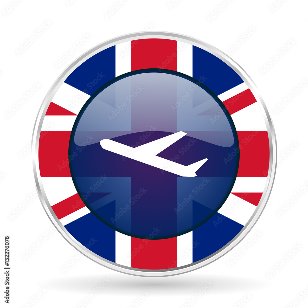 Deparures british design icon - round silver metallic border button with Great Britain flag