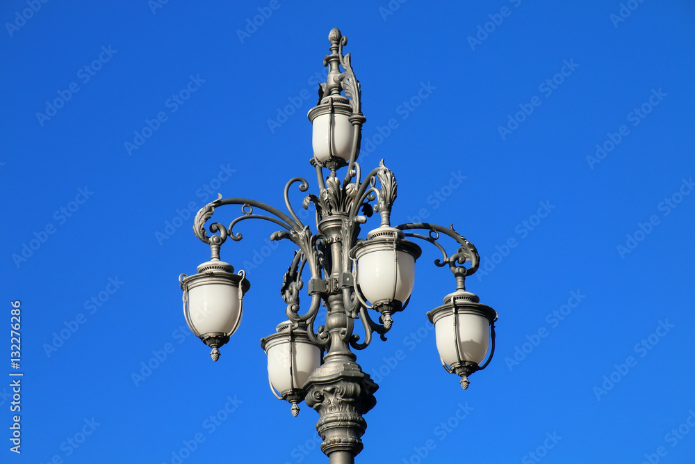Street lamp on Piazza Unita d'Italia against blue sky, Trieste, Street lamp on Piazza Unita d'Italia against blue sky, Trieste,