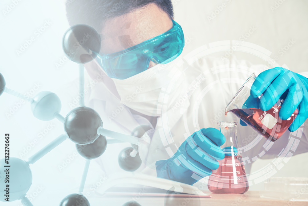 Double exposure of scientist,microscope and laboratory test tube Double exposure of scientist,microscope and laboratory test tube