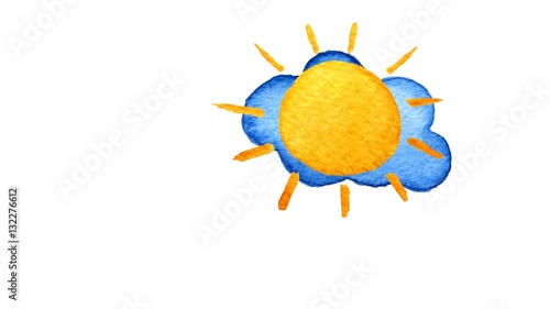 Yellow suns and blue clouds. Hand painted watercolor illustration on transparent background.