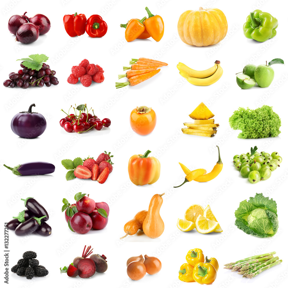 Assortment of fresh vegetables and fruits on white background Assortment of fresh vegetables and fruits on white background