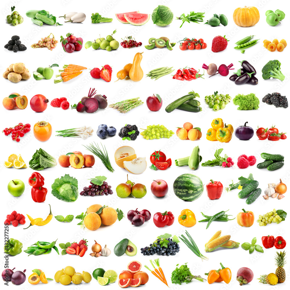 Assortment of fresh vegetables and fruits on white background Assortment of fresh vegetables and fruits on white background