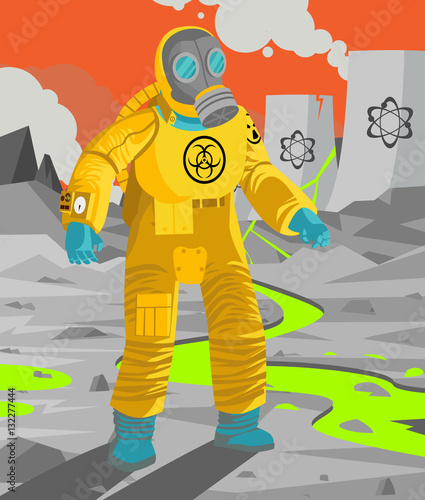 man in biozahard yellow suit near a nuclear radiation meltdown leak