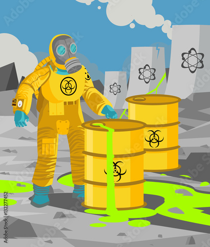 man in biozahard yellow suit near a barrel cans nuclear radiation leak