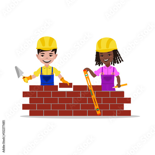 Kids builders characters vector illustration