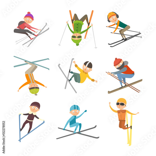 Skiing people tricks vector illustration.