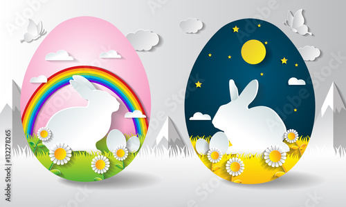 rabbit easter with nighttime and daytime in egg shape,sunflower