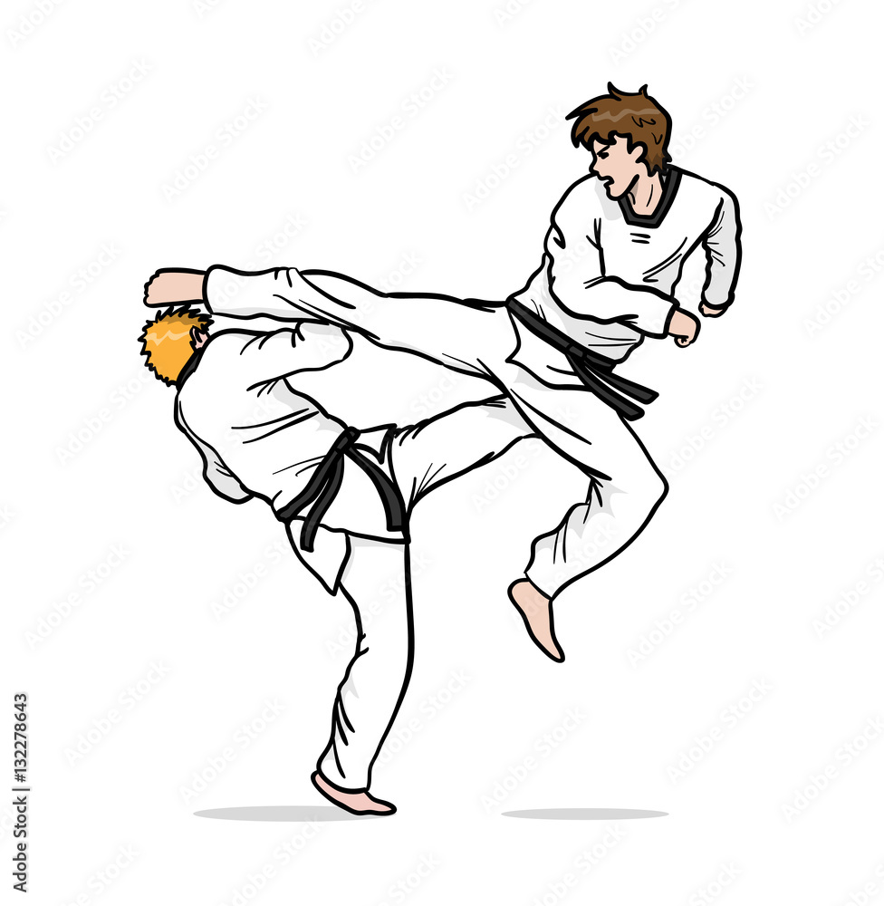 Taekwondo Fight. A hand drawn vector cartoon illustration of 2 guys fighting.  Stock Vector