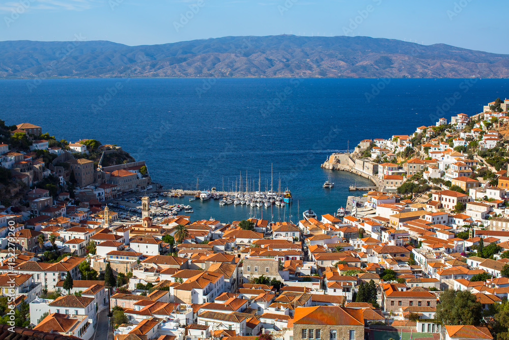 Panoramic view of Marina and the Hydra island, Aegean sea, Greece.