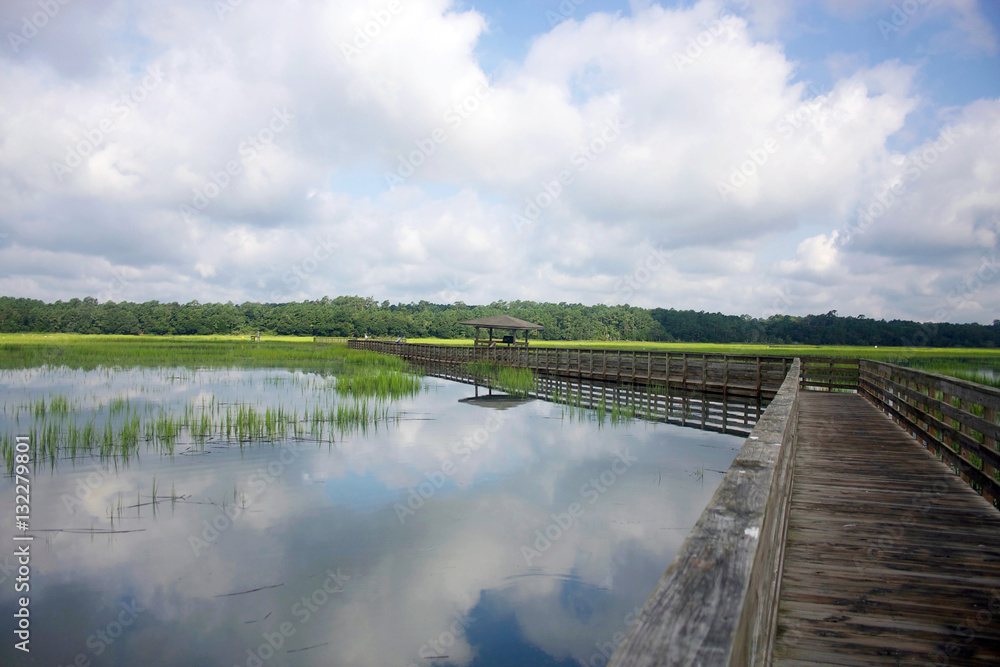 Naklejka premium Huntington Beach State Park, South Carolina, USA. Wooden boardwalk on the expansive salt marsh. Landscape with cloudy blue sky reflected in the water.