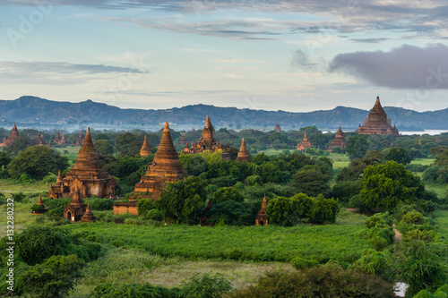 Monastery and pagodas in Bagan ancient city in a beautiful morni