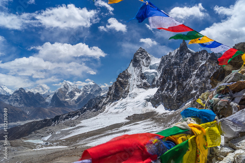 Prayer flag on top of Renjo la pass, Everest region, Nepal photo
