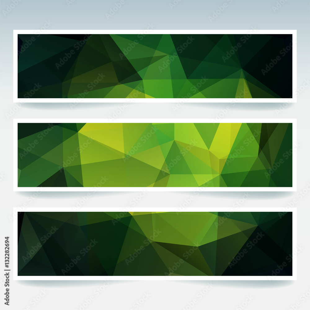 Horizontal banners set with polygonal green triangles. Polygon background, vector illustration