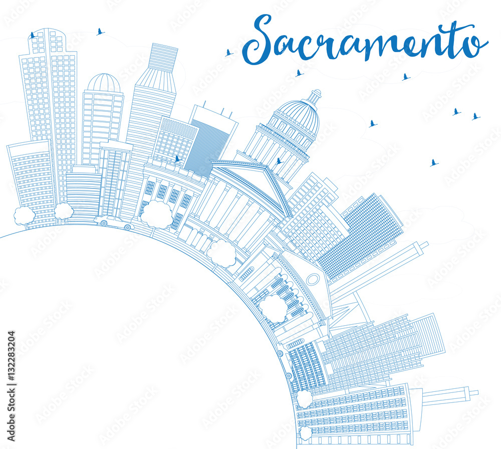 Outline Sacramento Skyline with Blue Buildings and Copy Space.