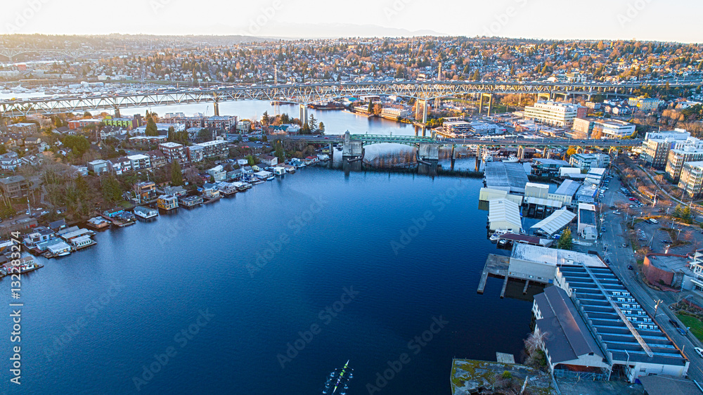 Fototapeta premium Seattle Portage Bay Aerial Mt Rainier City Skyline - Magical Sunset Evening