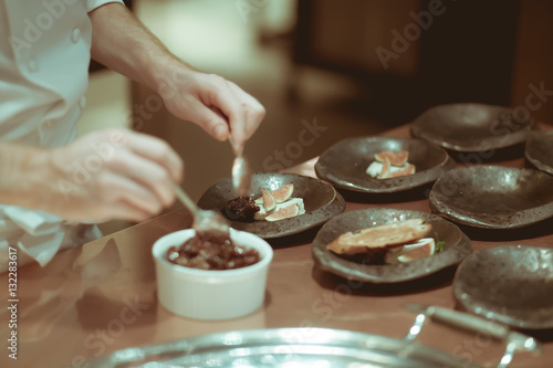 Blurry background vintage color style of chef cooking and decora