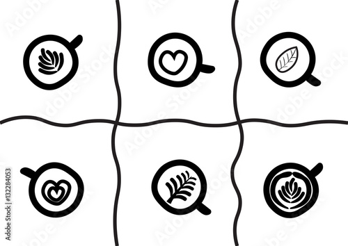 abstract hand draw doodle line in a cup of latte art coffee concept on white background, vector, illustration, cartoon style