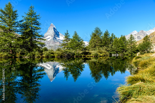 Grindjisee - beautiful lake with reflection of Matterhorn at Zermatt  Switzerland