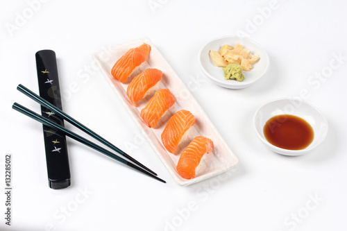Japanese food - Salmon sushi served with side dish.