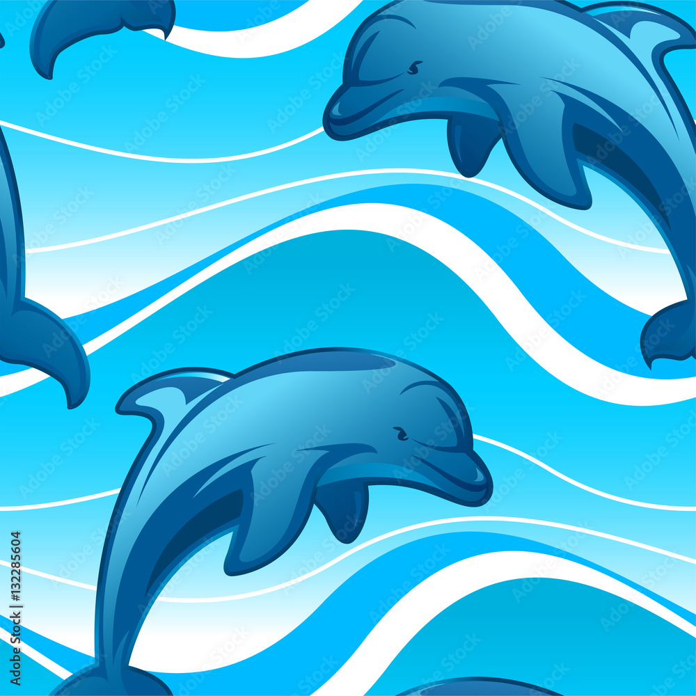 Obraz premium Dolphins jumping waves in a seamless pattern