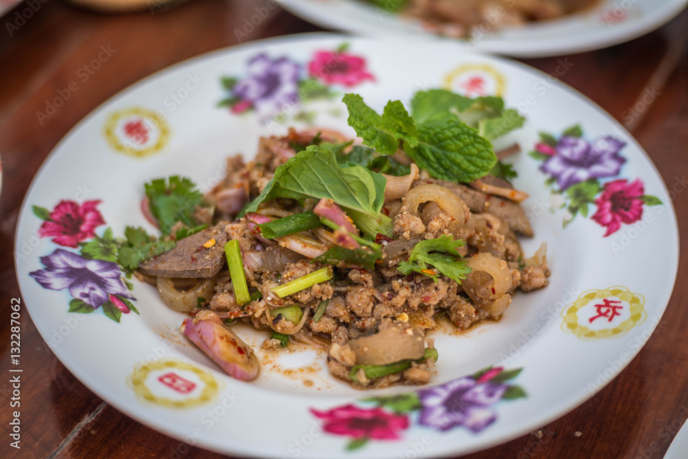 Spicy minced pork salad, thai food