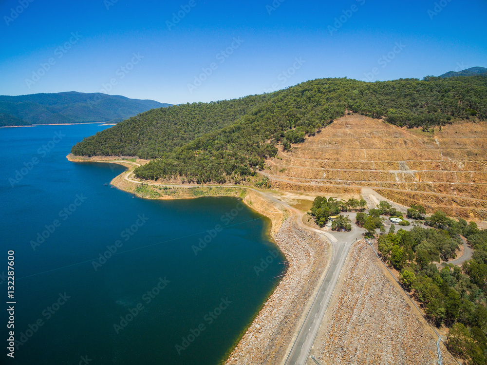 Aerial view of Dartmouth dam - the highest dam in Australia on hot summer day