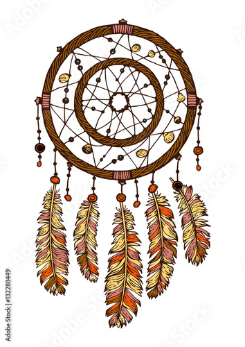 Colorful hand drawn dreamcatcher with ethnic feathers