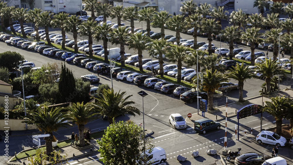 parking avec palmiers et voitures