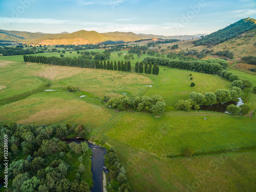 Aerial landscape of meadows and pastures of Mitta Mitta Valley near Eskdale, Victoria, Australia at sunset photo