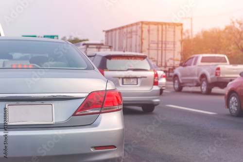 traffic jam with rows of cars during rush hour on road