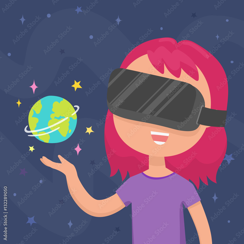 Girl holding planet Earth at her hand in a virtual reality glasses. Vector  cartoon illustration Stock Vector | Adobe Stock