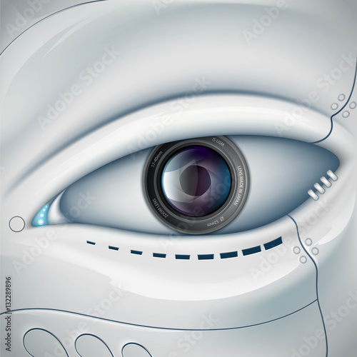 Robot face with the camera lens in the eye. Stock vector futuris