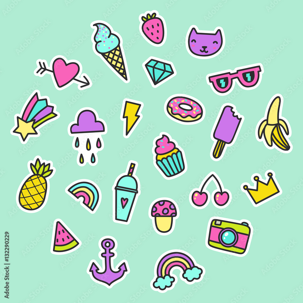 Set of pop art signs, pins, stickers. Heart, diamond, anchor, fruits, ice creams. Vector hand drawn illustration in a funny retro style